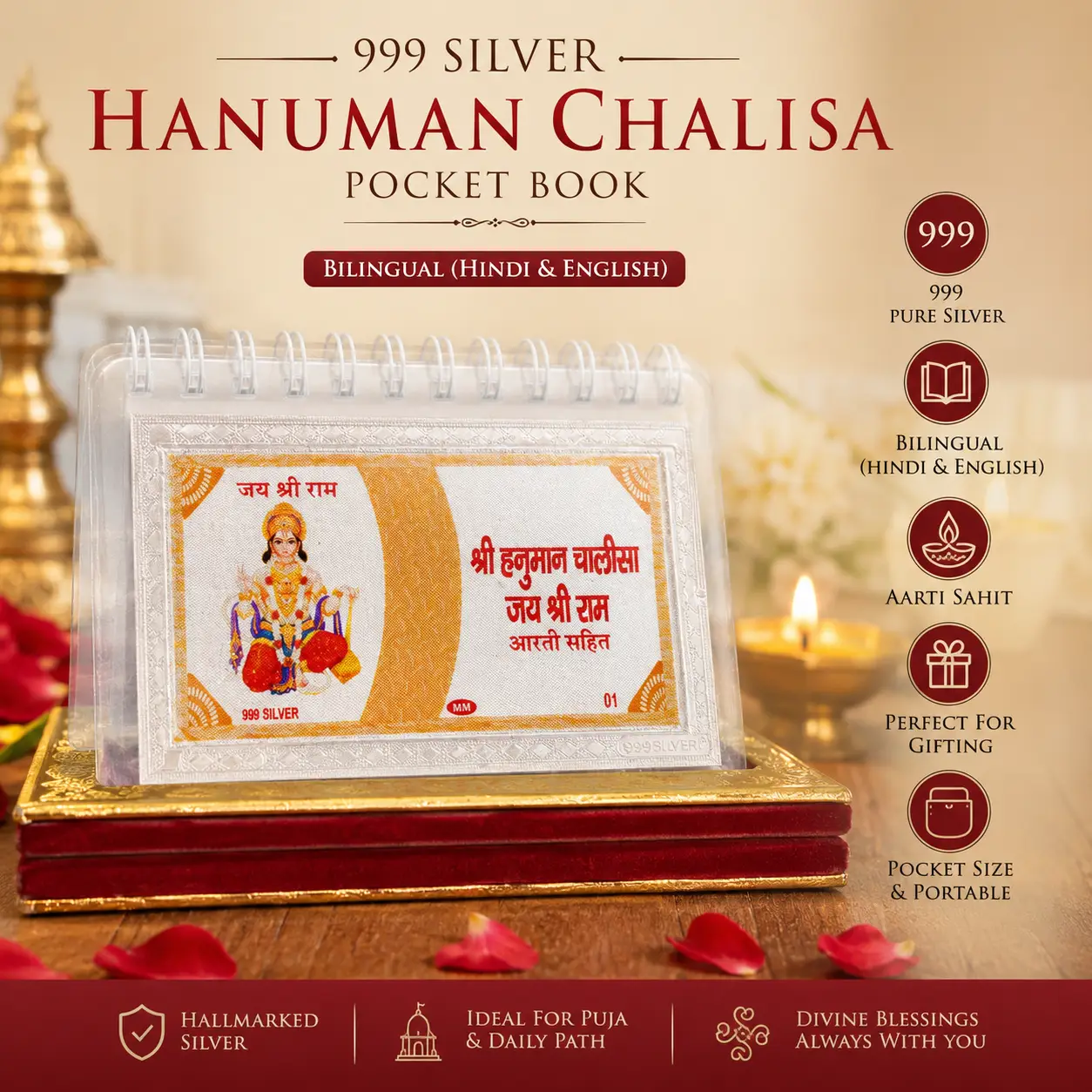 999 Pure Silver Hanuman Chalisa | BIS Hallmarked | Premium Red Velvet Gift Box