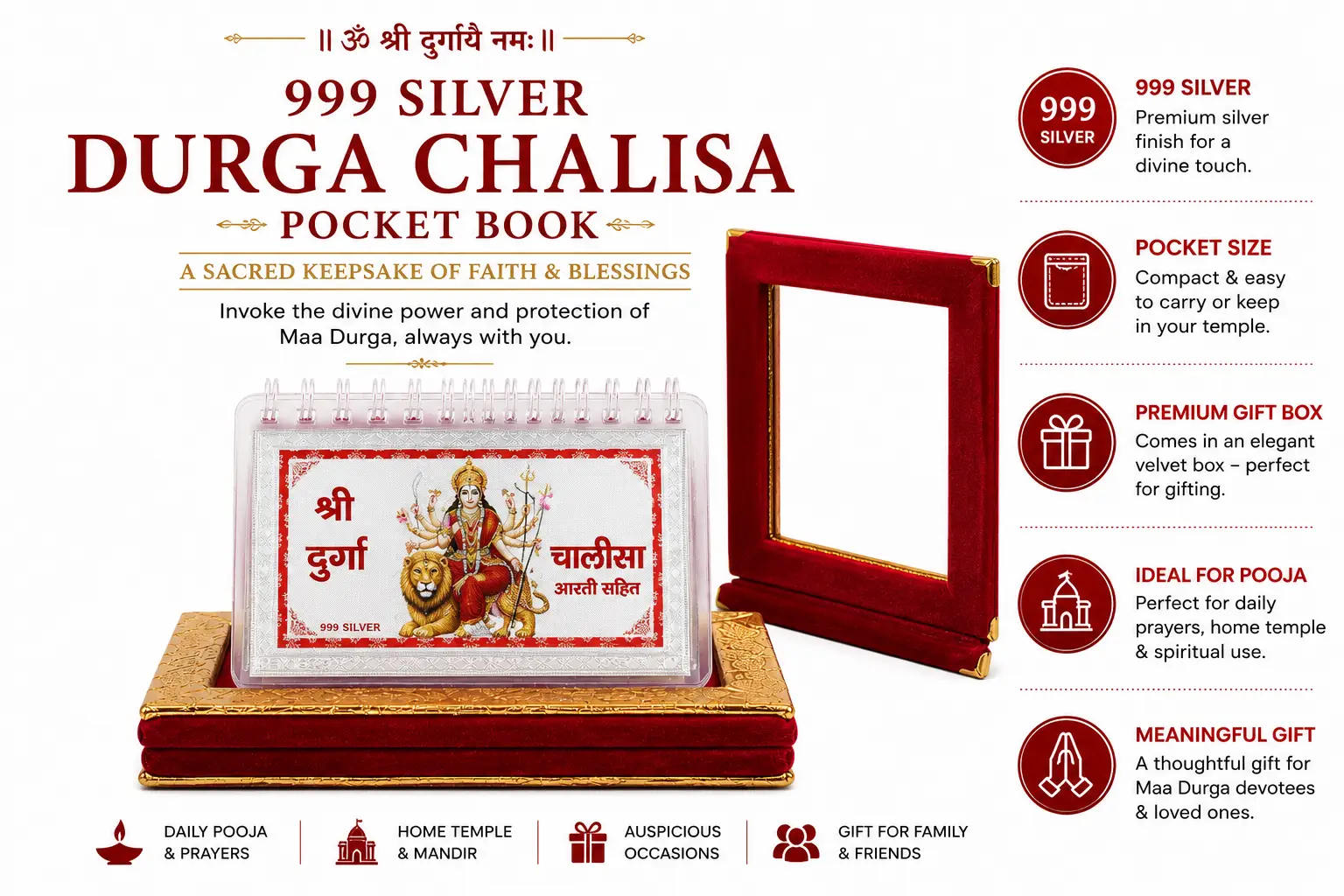 999 Pure Silver Durga Chalisa | BIS Hallmarked | Premium Red Velvet Gift Box